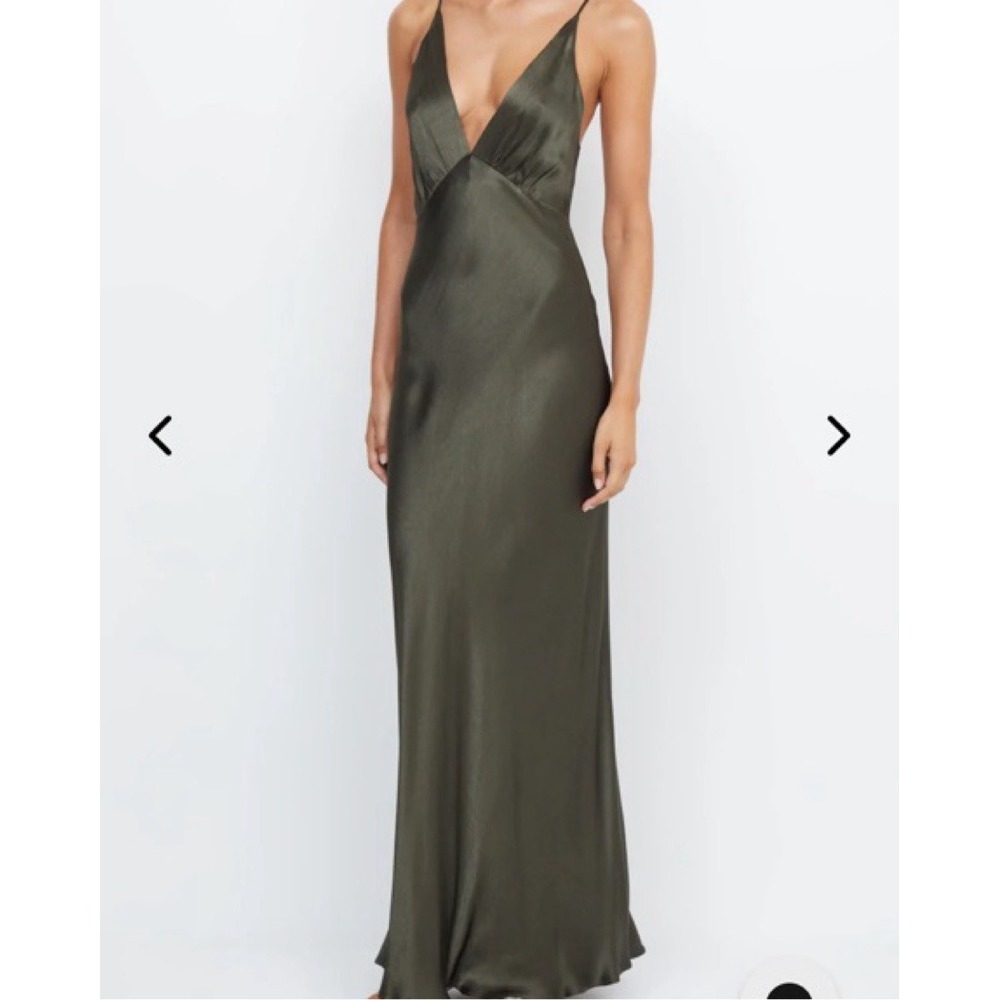 Bec & Bridge Women Olive Green Satin V-Neck Maxi Dress Size 2